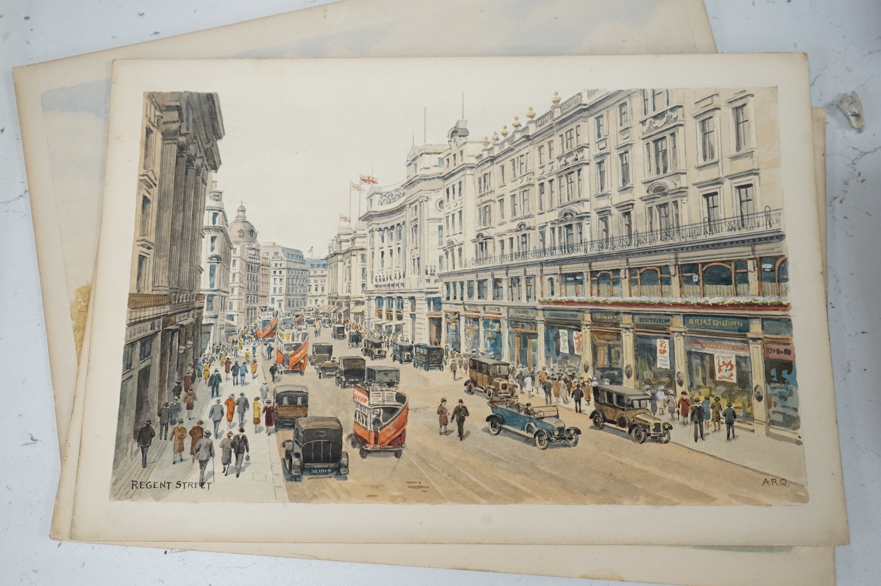 Alfred Robert Quinton (1853-1934), a set of four original watercolours for postcard designs, London scenes to include, ‘National Gallery’, ‘Regent Street’ and ‘Marble Arch’, each signed, unframed, 20 x 30cm